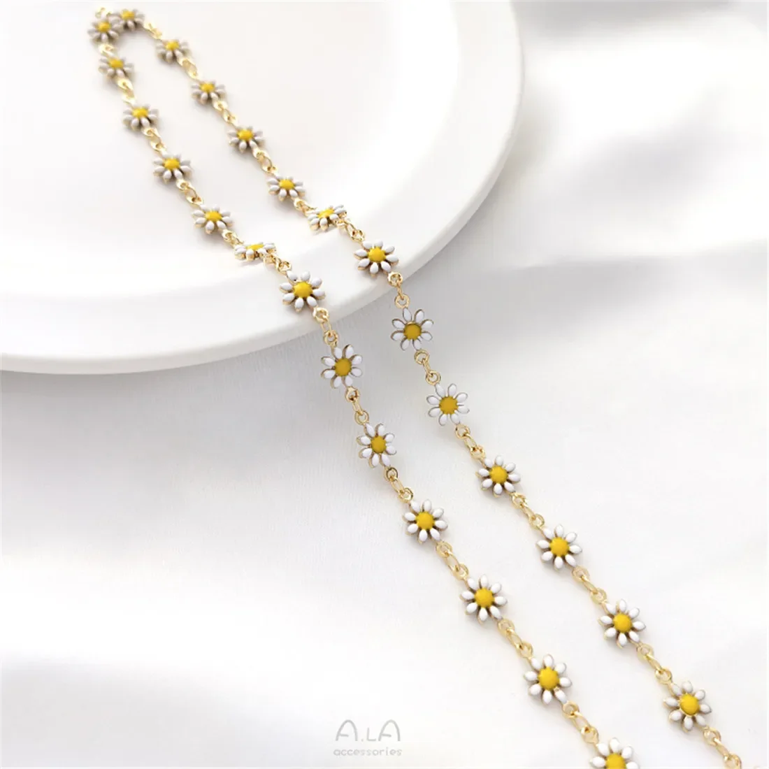 14-каратное золото маленькая цепочка с жемчугом и цветком ромашки ручная работа