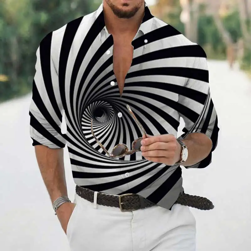Spring Autumn Men's Geometric Print Hawaiian Shirt Slim Single Breasted Shirt Men's Long Sleeve Casual Holiday Party Shirt Top
