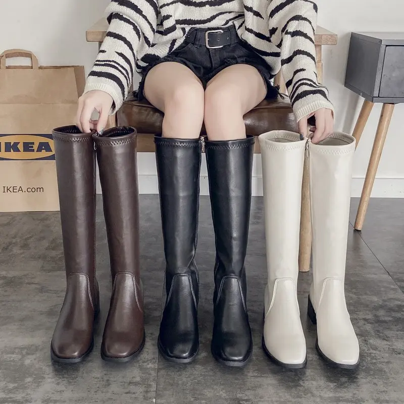 

Knee High Boots Side Zipper PU Leather Booties Women Designer Shoes Autumn Winter Womens Fashion Knightly Boots Zapatos De Mujer