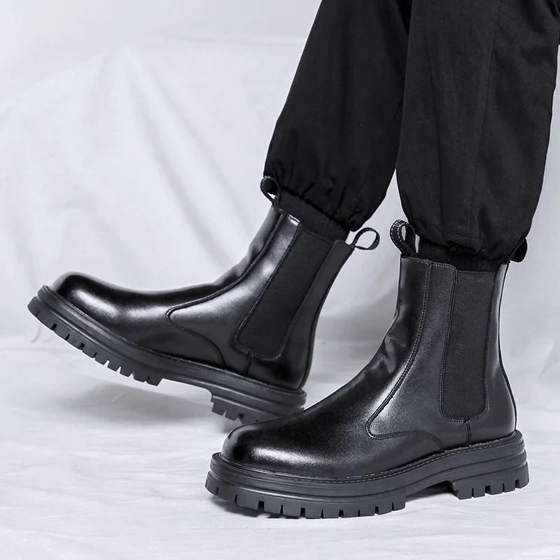 

England style men's leisure high chimney boots natural leather shoes party banquet dress cowboy platform boot cool chelsea botas