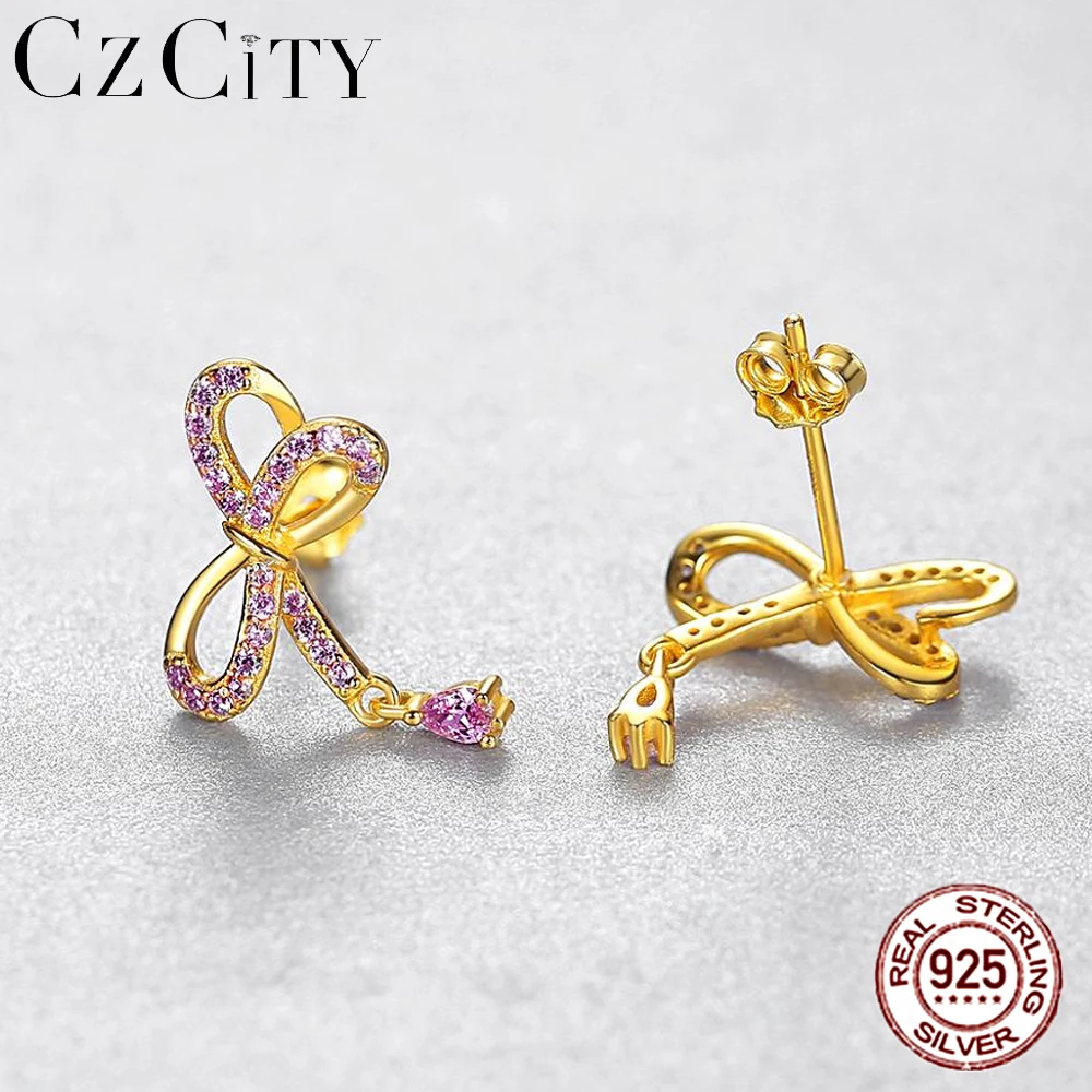 

CZCITY Trendy Earrings for Women 925 Sterling Silver Stud Earrings Fine Pink Cute Bow Stud Anniversary Party Classic Jewelry