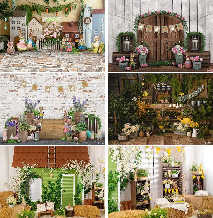 

Easter Backdrop Spring Garden Rabbits Flower Egg Wood Floor Bunny Party Decor Newborn Baby Portrait Photographic Background Prop