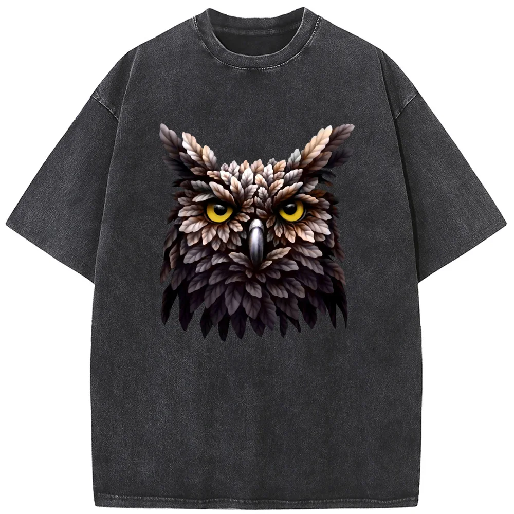 

Men's Forest Owl Short Sleeve Shirt 230g Cotton O-Neck Washed T-Shirt Novelty Casual Loose Bleach T shirt Summer Bleached Tshirt