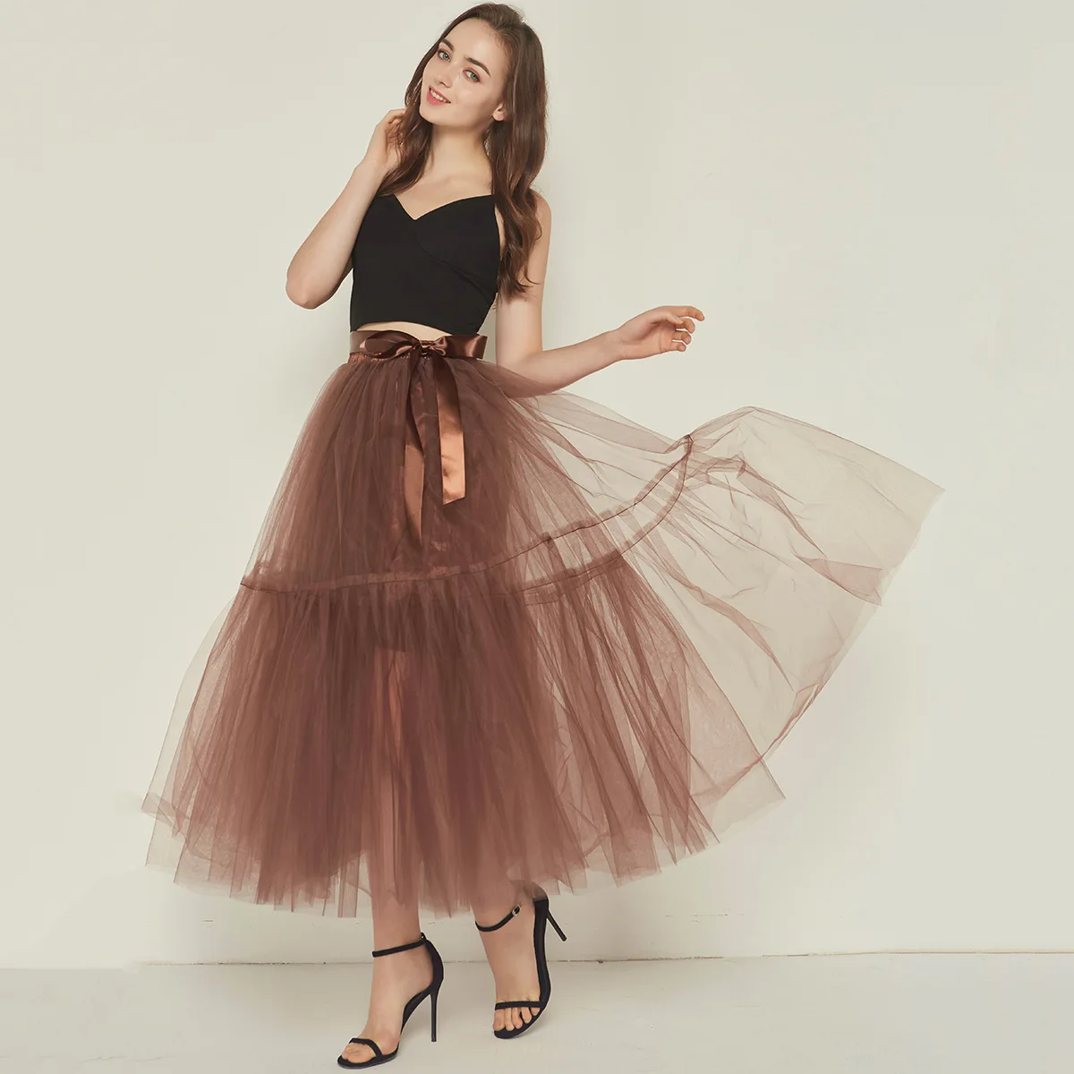 4 Layers Tulle Skirt Fashion Long Tulle Overskirt 2022 Elegant Elastic High Waist Tulle Skirt Saia Longa Detachable Prom Skirt