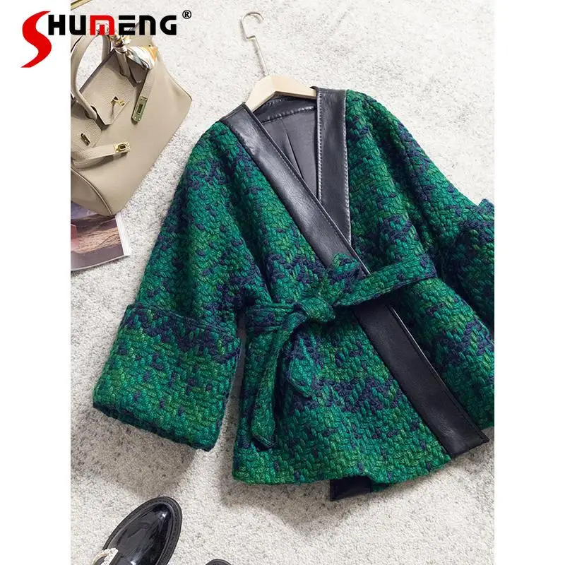

Casual Loose Green Tweed Jackets French Women 2022 Autumn Coats Sashes Long Sleeve Slim Pu Leather V Neck Mid-length Vest Jacket