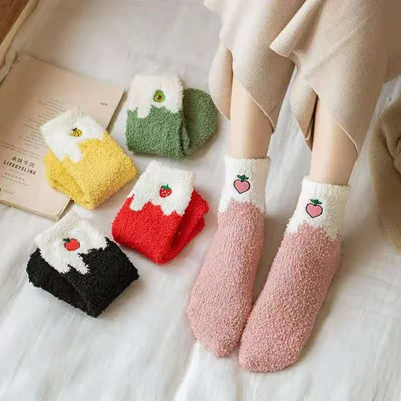 

Coral Fleece Thicken Winter Socks Women Cartoon Avocado Strawberry Printted Ladies Socks Plush Keep Warm Floor Socks