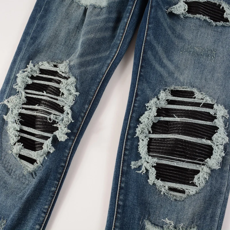 Street Fashion Men Jeans Retro Blue Elastic Slim Fit Ripped Jeans Men Destroyed Hole Trousers Patch Designer Brand Hip Hop Pants
