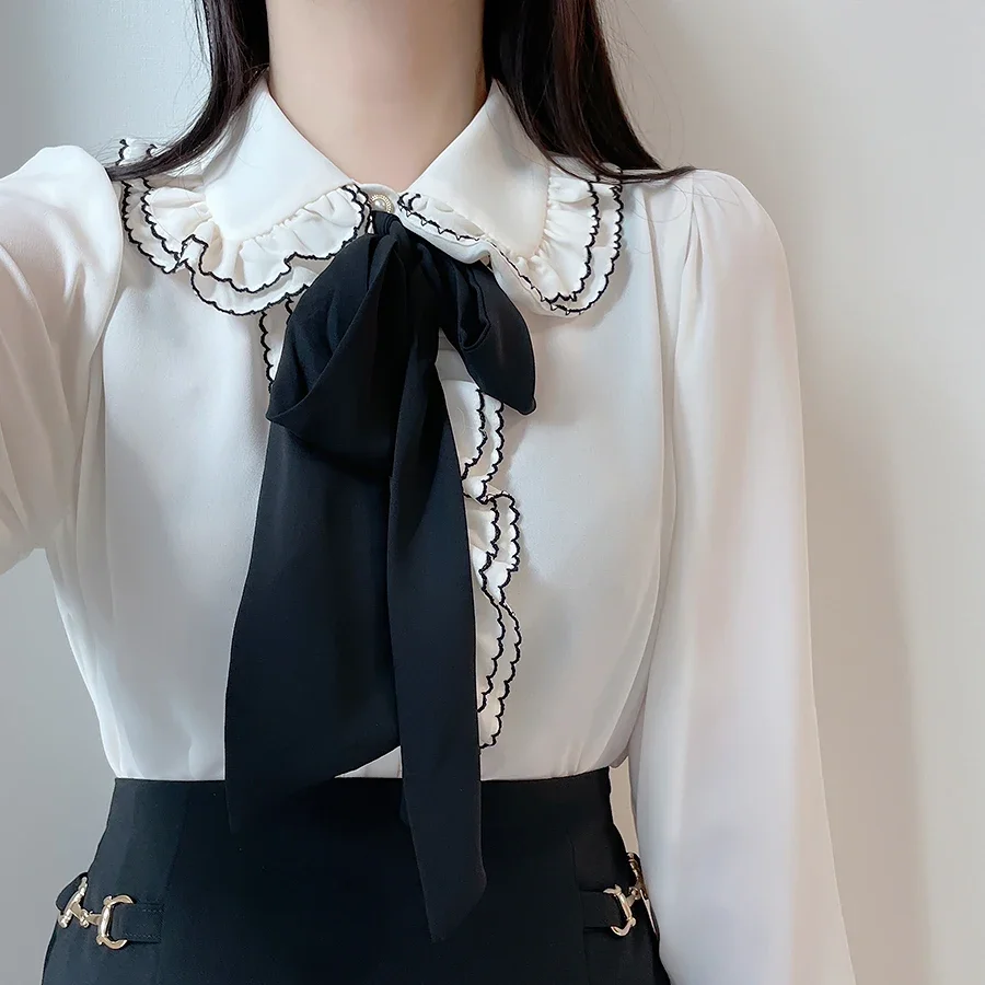 Модная женская рубашка с кукольным воротником блузка бантом женские топы