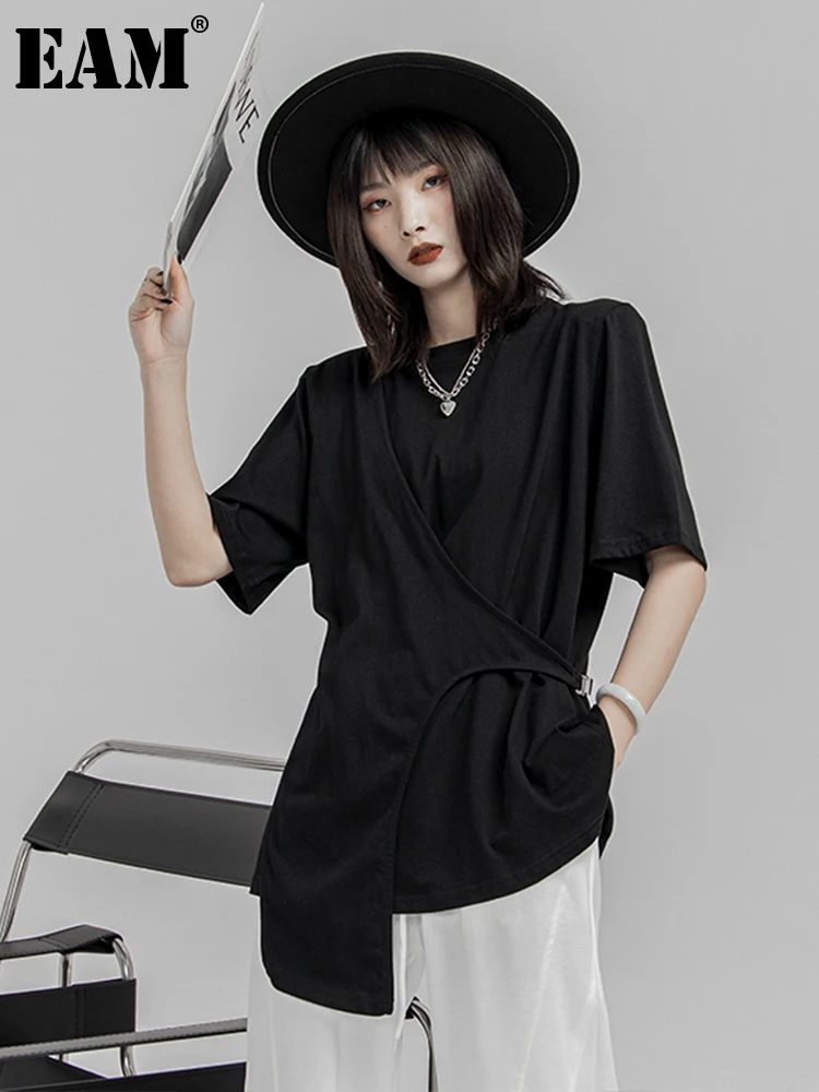 

[EAM] Women White Irregular Hem Big Size Casual T-shirt New Round Neck Short Sleeve Fashion Tide Spring Summer 2022 1DE7781