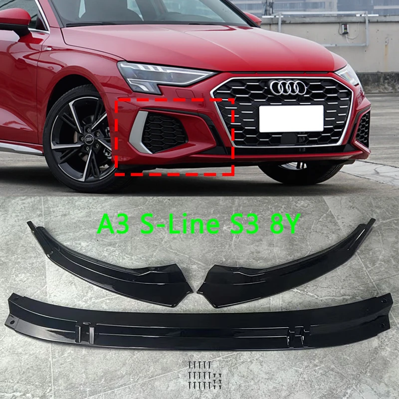 

Для Audi A3 S-Line S3 A3 8Y 2020-2024 Автомобильный передний бампер, спойлер, разделитель губ, комплект из 3 шт., глянцевые черные защитные чехлы для передних губ автомобиля