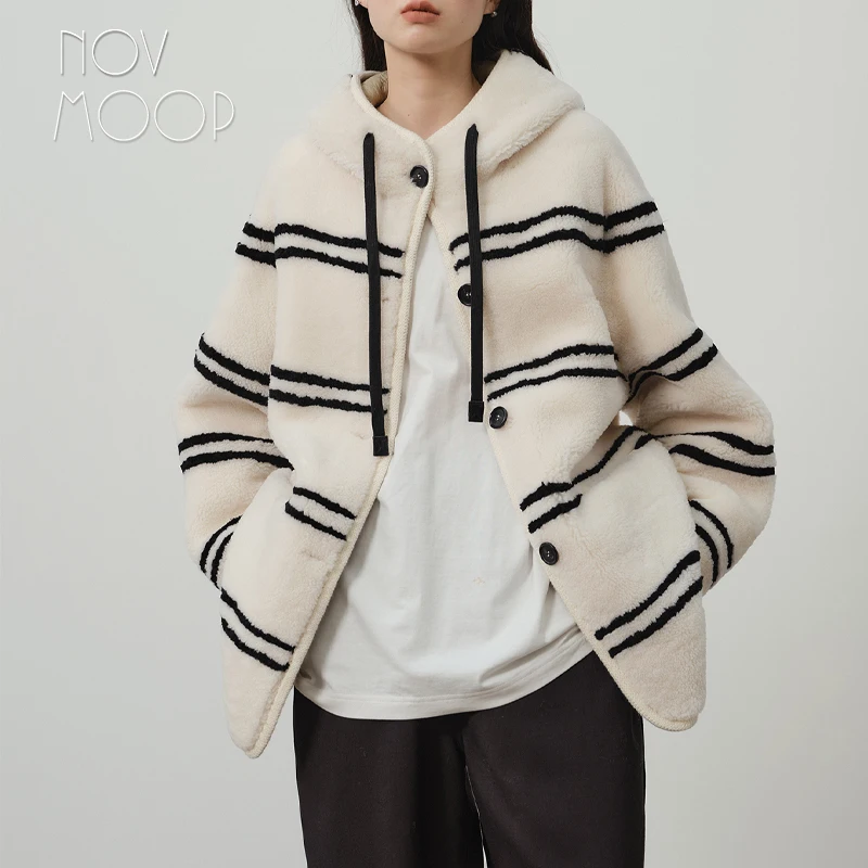 Novmoop double faced wool women coat light warm jacket French simple chic style new winter season LT3583