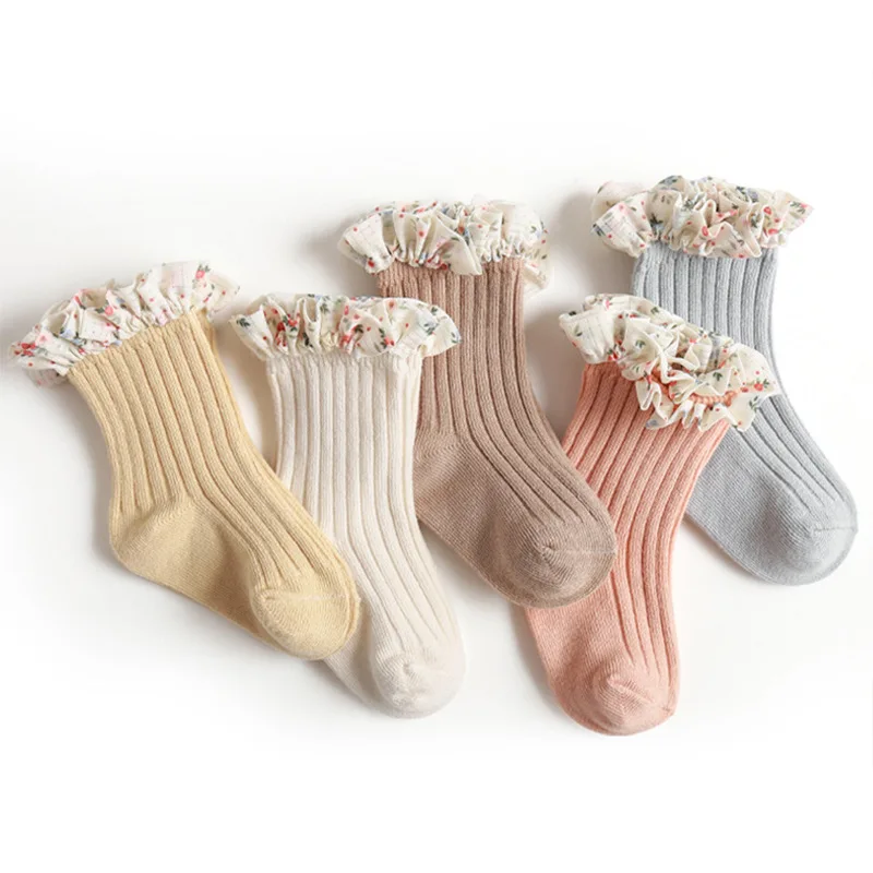 

Children Socks Girls' Lace Combed Cotton Middle Tube Floor Socks Toddlers Infant Chiffon Flowers Socks Kids Princess Sock 0-5Y
