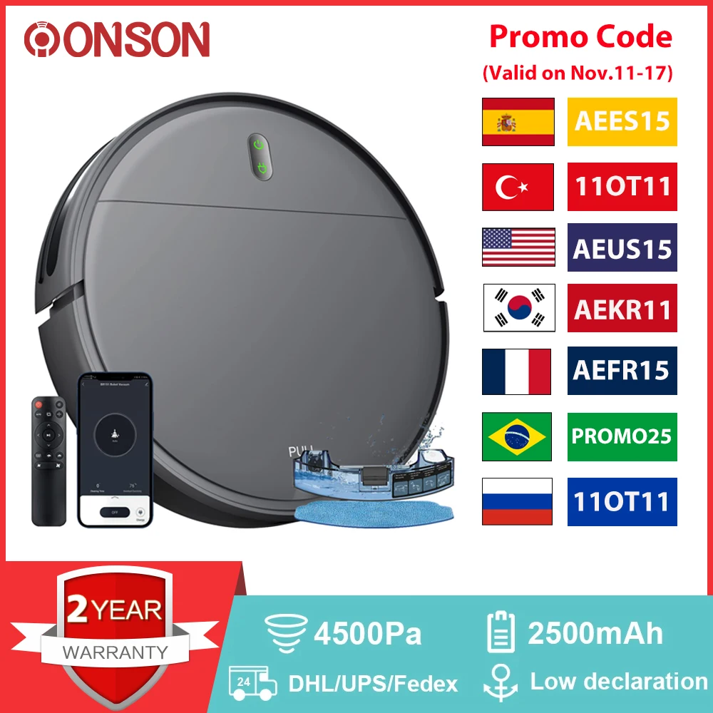 

Робот-пылесос ONSON BR151, 4500 па, поддержка Wi-Fi/alexa/приложения tuya