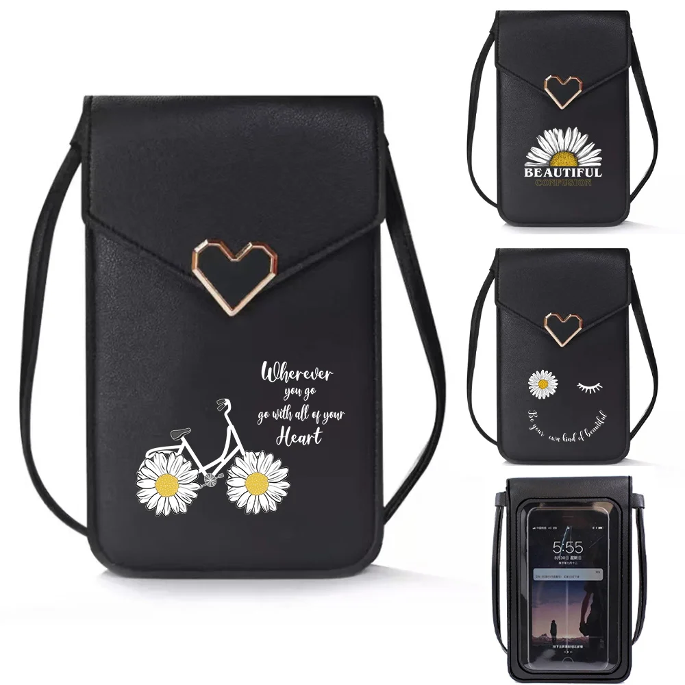 

Женская сумка, новые кошельки, сумки-мессенджеры из искусственной кожи, сумка на плечо с рисунком маргариток, универсальная маленькая сумка для сотового телефона с сенсорным экраном