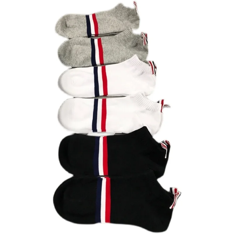 6 pairs of tb socks men's and women's summer socks pure cotton deodorant striped sports breathable short tube low-top couple