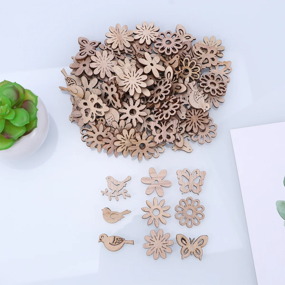 

100pcs Unfinished Wood Cutouts Wooden Flower Bird Embellishments Table Rustic Wedding DIY Wood Craft Supplies