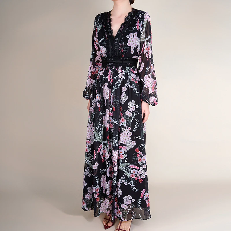 Vintage V-neck Long Sleeve Dresses for Women 2022 Lady Elegant High Quality Lace Patchwork Chiffon Floral Dress