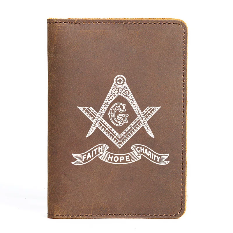 Genuine Leather Passport Cover Master Mason Faith Hope Charity Vintage Slim ID Card Holder Pocket Case Travel Wallet BX900
