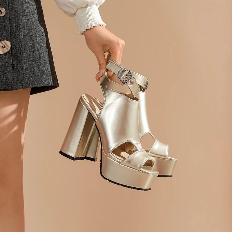 2023 new Spring women sandals plus size 23-28cm length patent leather ankle buckle thick heel Gladiator sandals high heel