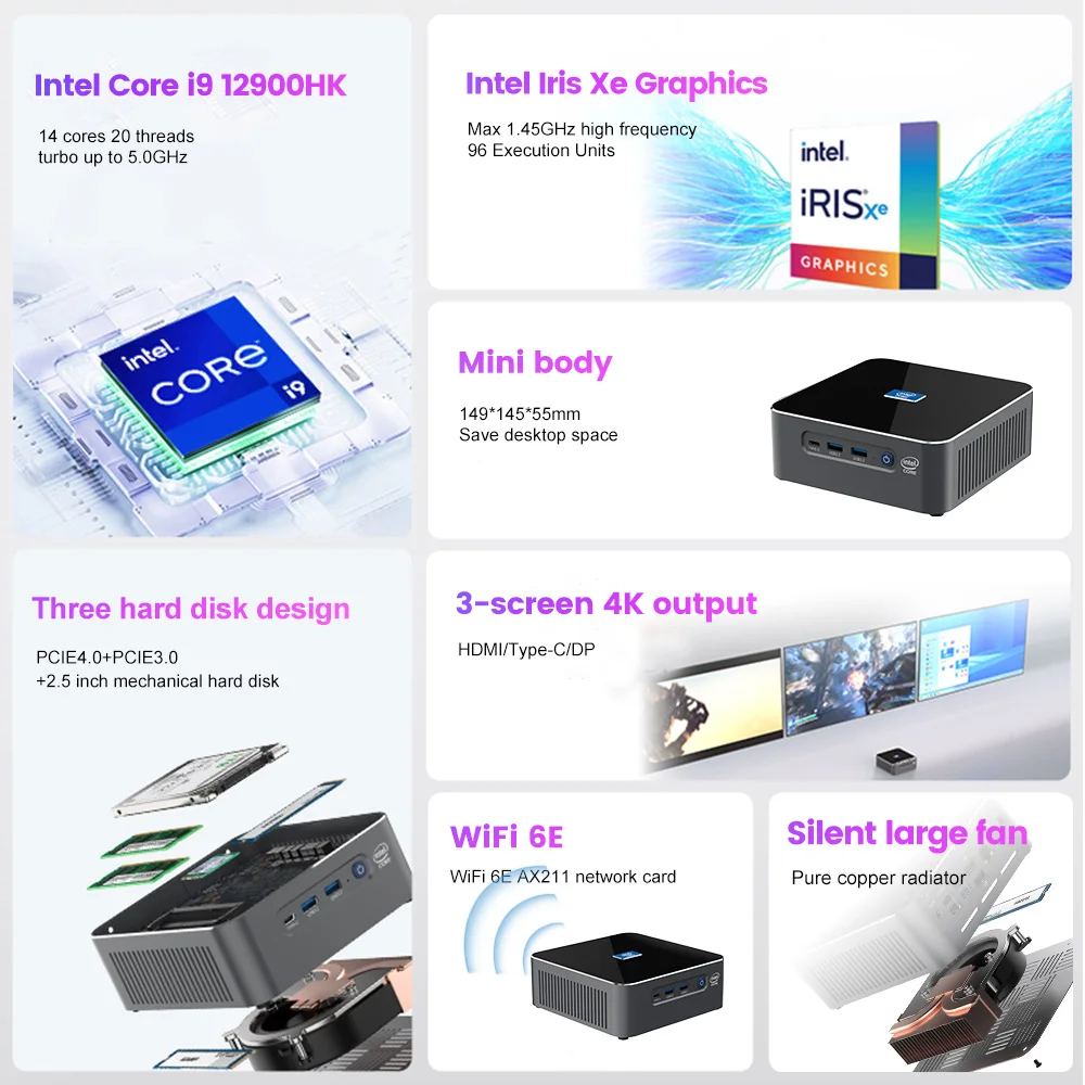 Мини-ПК S600 Intel i9 12900HK 12800H 14 ядер 20 потоков Windows 11/10 2x DDR4 NVME 8K NUC компактный HTPC - купить