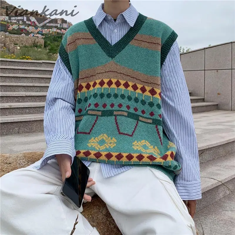 College Sweater Vest Men Retro Knitted Unisex Autumn Winter Korean Loose Vests Fashion All-match V-neck Sleeveless Sweaters Vest