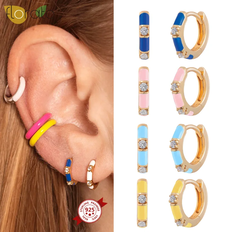 

925 Sterling Silver Ear Needle Colorful Hoop Earrings For Women Enamel Dripping Oil Ins Zircon Crystals Huggie Earring Wholesale