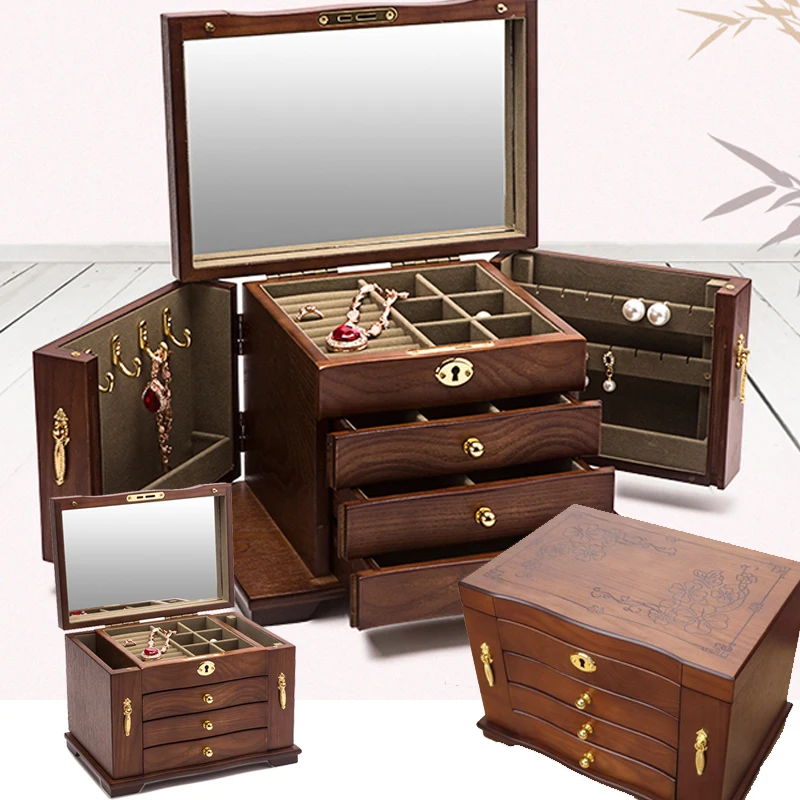 4 Layer Luxury Large Wooden Jewelry Box Storage Display Earring Ring Necklace Jewellery Gift Case Organizer Packaging Casket