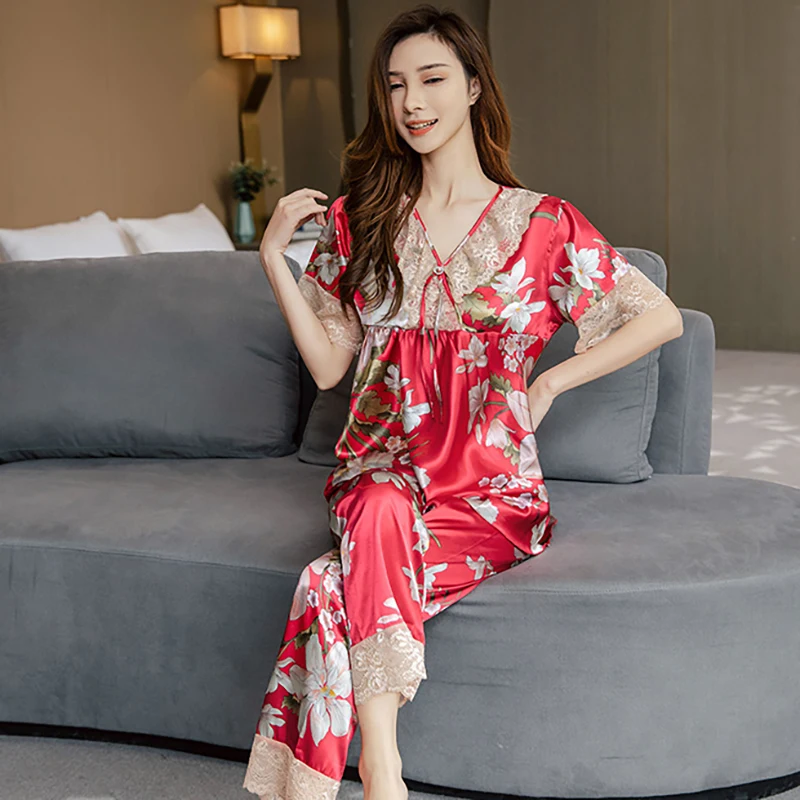 Ice Silk Pajamas Female Summer Short Sleeve Trousers Thin Style Sexy Silk Pajama Sweet Summer Satin Home Clothes Two-piece Set