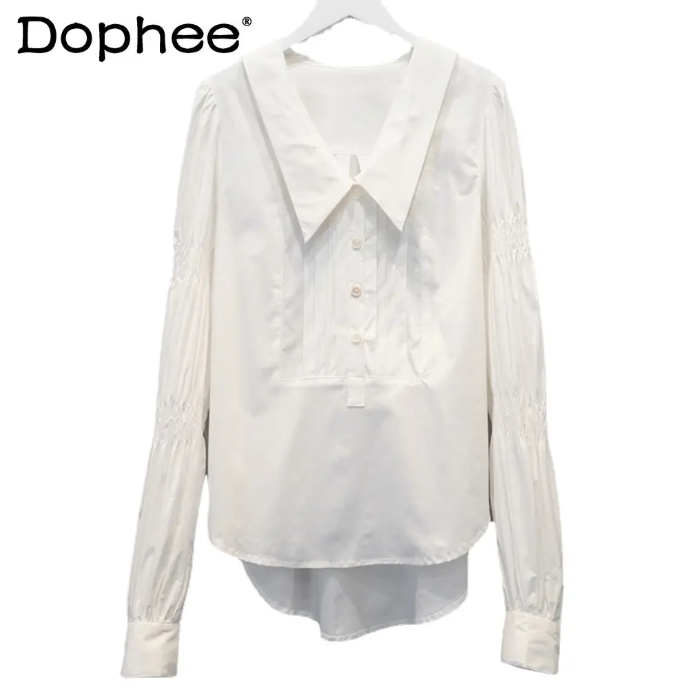 White Long Sleeve Pleated Short Shirt Niche 2023 Spring Cotton Blusas Lantern Sleeve V-neck Elegant Blouse For Women's Clothing