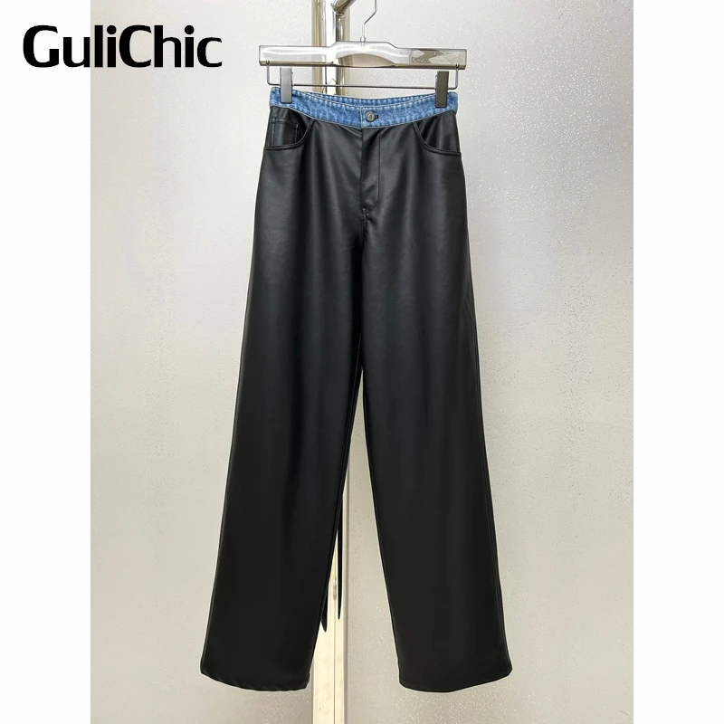 12.1 GuliChic Women Vintage Casual Comfortable Patchwork Denim Contrast Color Draped PU Leather Straight Pants