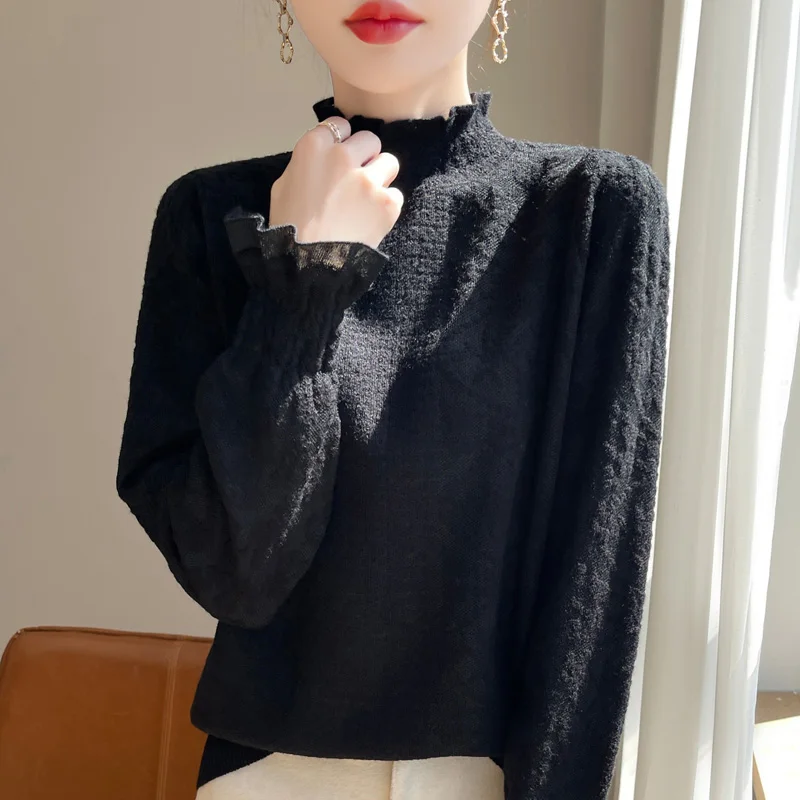 Осень/Зима 2024 новинка Женская кружевная трикотажная одежда с полувысоким