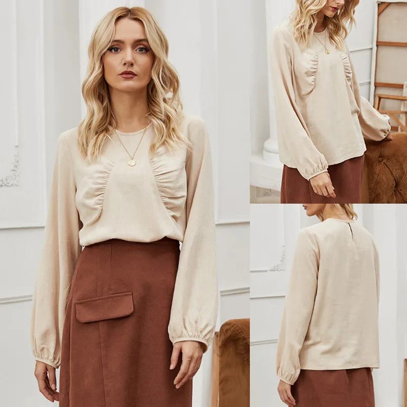 

Temperament Round Neck Washed Cotton Long-sleeved T-shirt Women's Autumn Korean Simple Solid Color Bottoming Shirt To