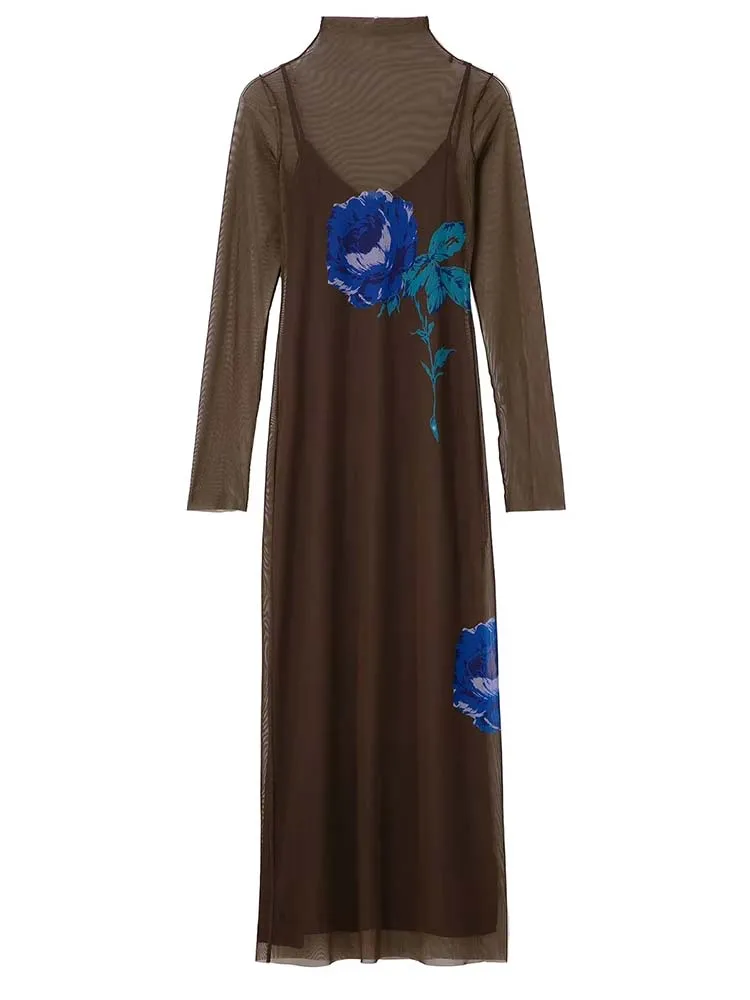 

Платье-миди женское Тюлевое с цветочным принтом и длинным рукавом