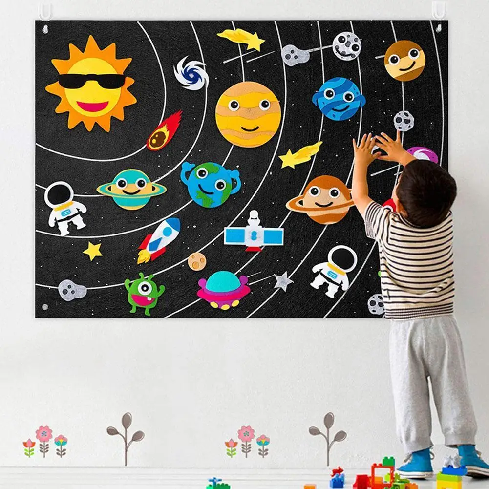 

Outer Space Felt Board DIY Material Cartoon Astronauts Solar System Spacecraft Early Education Game Toys Wall Ornament