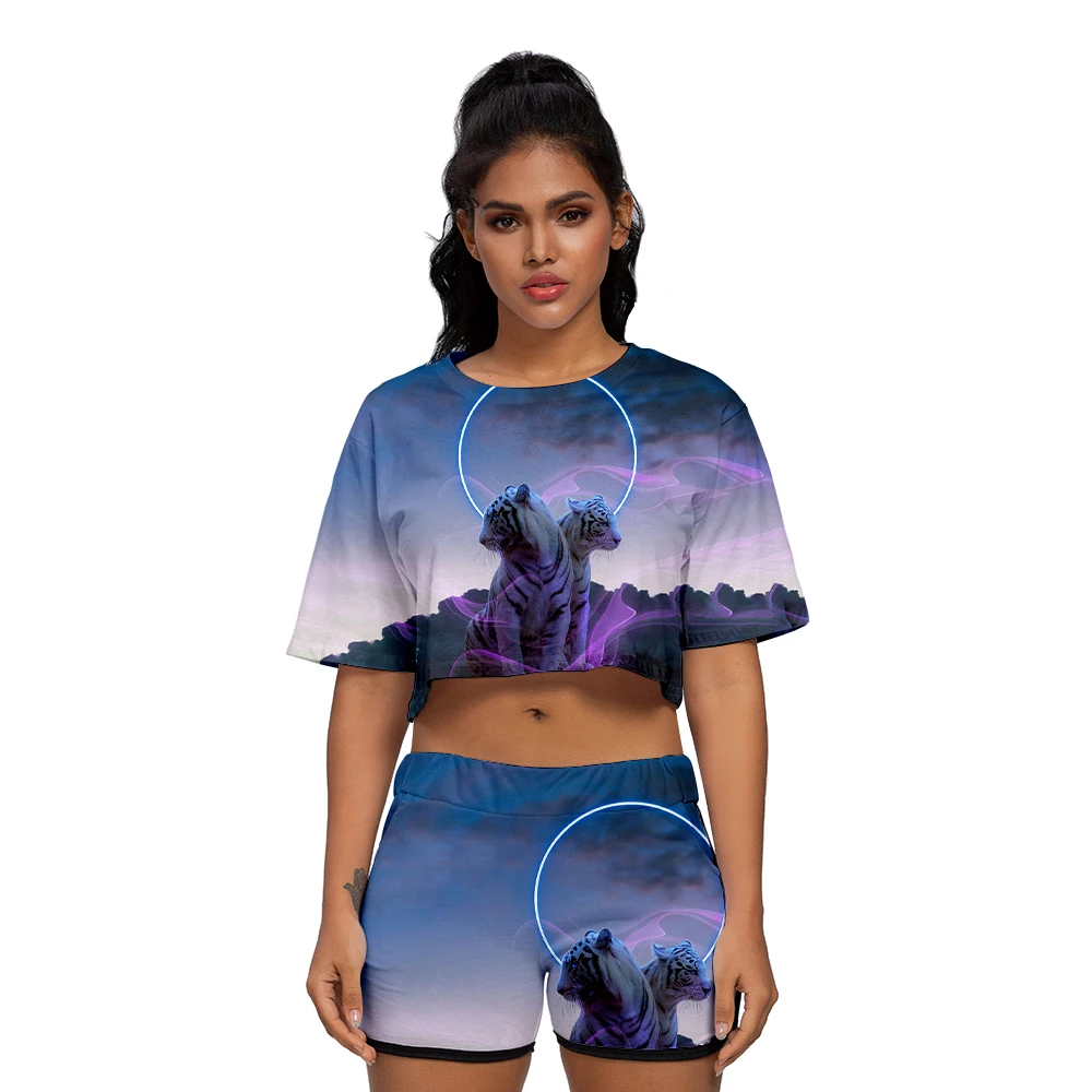 

Tiger Print Casual Yoga Home Running Sports шорты футболка Navel Summer Suit Short Sleeve Shorts For Women