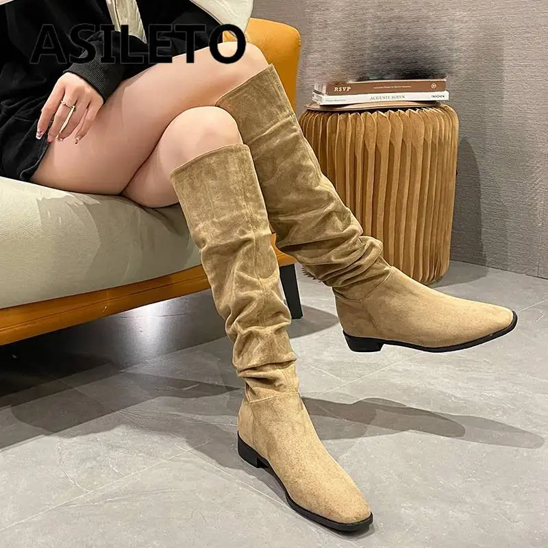 

ASILETO Womans Knee-high Boots Pleated Square Toe Block Heels Slip On Flock Suede Leisure Dating Booties For Ladies Size 40 41