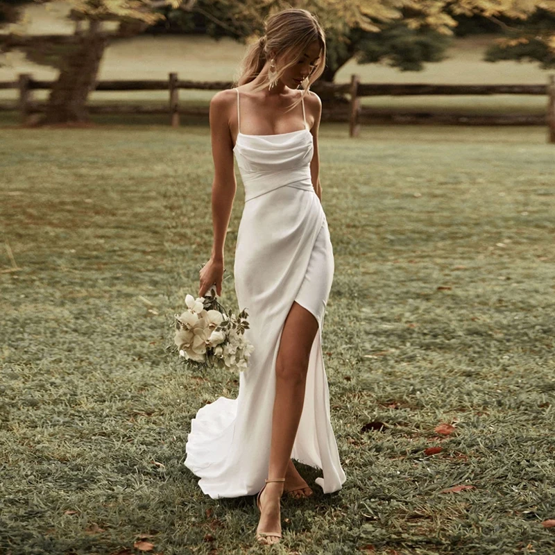 

Elegant Bride Gowns Vestidos De Noiva 2022 Sexy Wedding Dresses Boho Mermaid Simple Bridal High Slit Straps Backless Bohemian