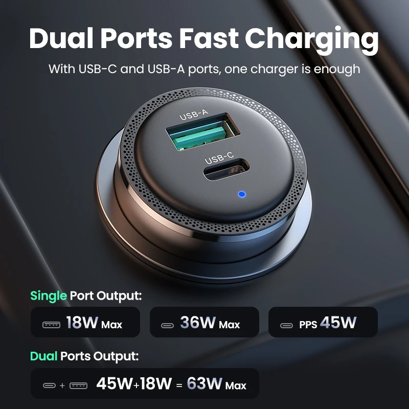 Фото Автомобильное зарядное устройство PD QC 3,0 PPS, USB Type C, 63 Вт, 45 Вт №2