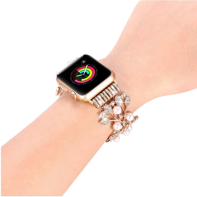 Metal strap For Apple Watch Band 7 44mm 40mm 42mm 38mm 41mm 45mm Women Pearl Watchband Bracelet Correa For iWatch Series 6 SE 5