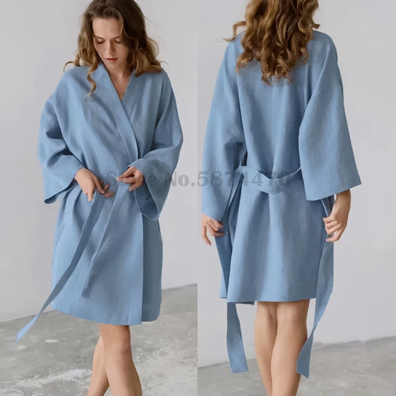 

Women Robe Cotton Imitation Hemp Cardigan Binding Bathrobe Solid Color Comfortable Loose Casual Home Wear Sweat Steaming Clothes