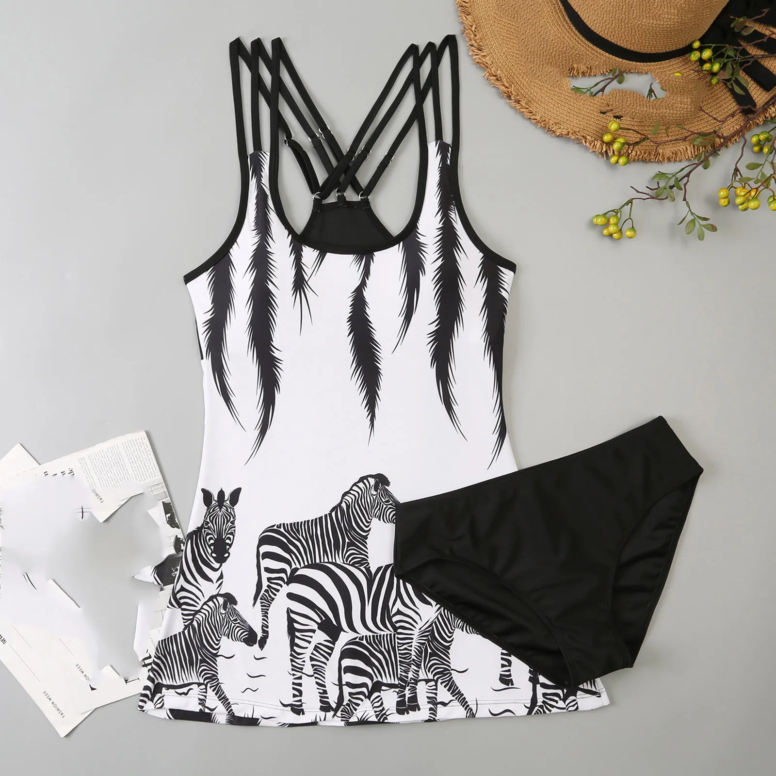 

Swimwear Bikini Women's Swimsuit Split Swimsuit Show Waistflat Printing Stripe Sexy Tank Top Swimsuit Купальник Женский