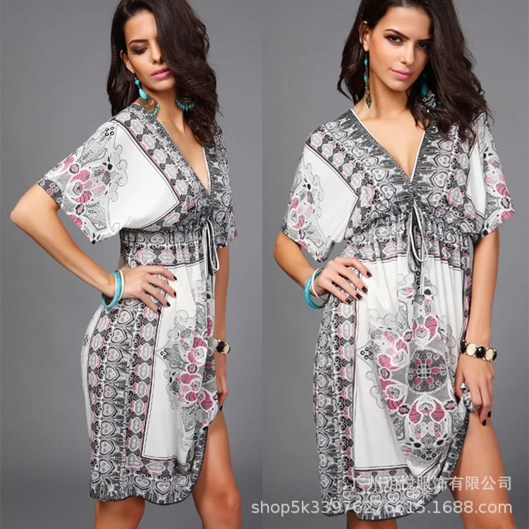 Женское пляжное платье большого размера с коротким рукавом и V-образным вырезом