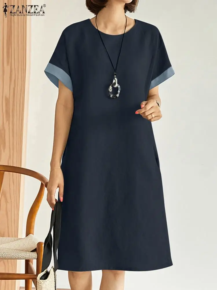 

ZANZEA Summer Elegant Women's Dress Short Sleeve O-Neck Contrast Color Vestidos Femme Fashion Casual Robe Holiday Sundress 2023