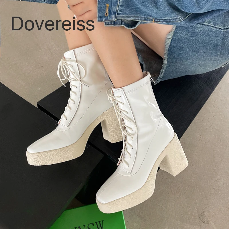 

2022 Winter Block Heels White Platform Block Heels Short Boots Square Toe Fashion Matin Ankle Boots Back Zipper Pure Color33 40