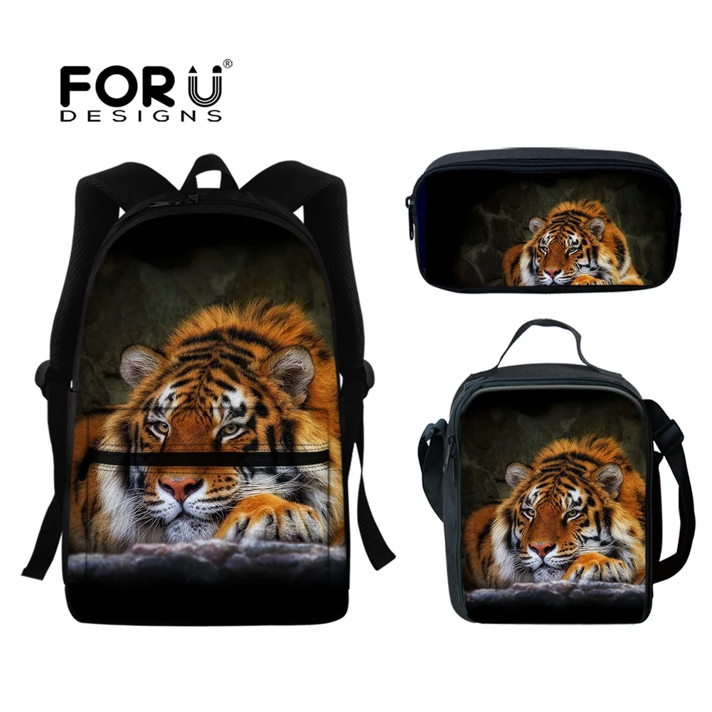 

FORUDESIGNS Stylish Tiger Backpack Student Durable School Bag Kids Causal Large Capacity 3pcs School Bookbag for Teenager Boys