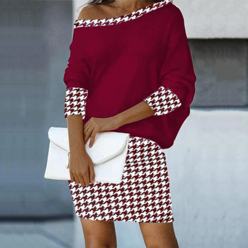 

Elegant Patchwork Plaid Print Dress Women Autumn Long Sleeve Diagonal Neck Mini Dress Ladies Fashion Commuter Loose Dresses New