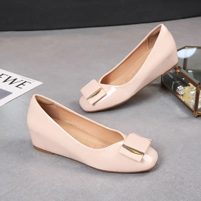 Patent Leather Shoes Women Simple Square Toe Flats Shoes Inner Heightening Ladies Shoes and Sandals 2023 New Zapatos De Mujer