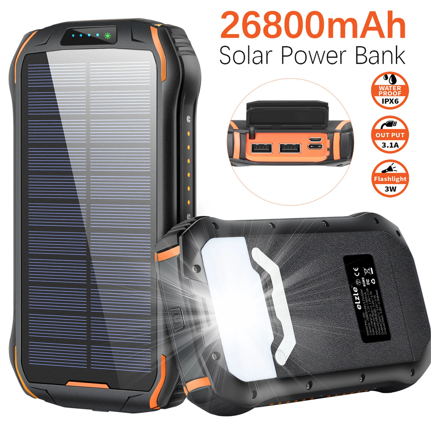 

Universal Solar Power Bank Waterproof Portable Mobile Phone Charging Treasure Large Capacity 26800mAh for Mobile Phone Tablet