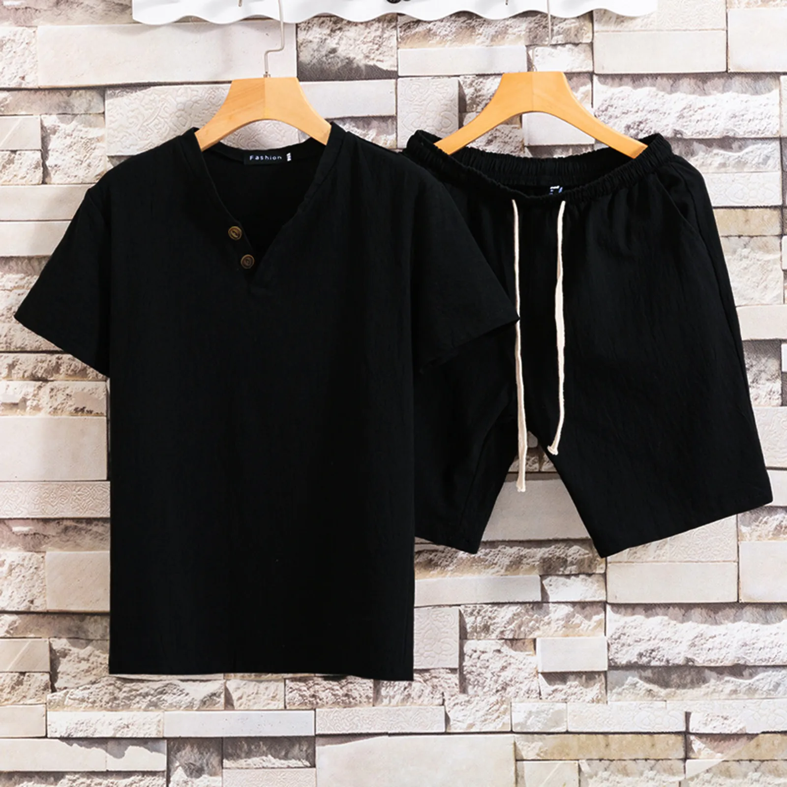 

Шорты Мужские Men Summer Solid Color Cotton Short Sleeve Shorts Set Two-piece Suit Simple Daily Comfy High Quality Suit In Stock