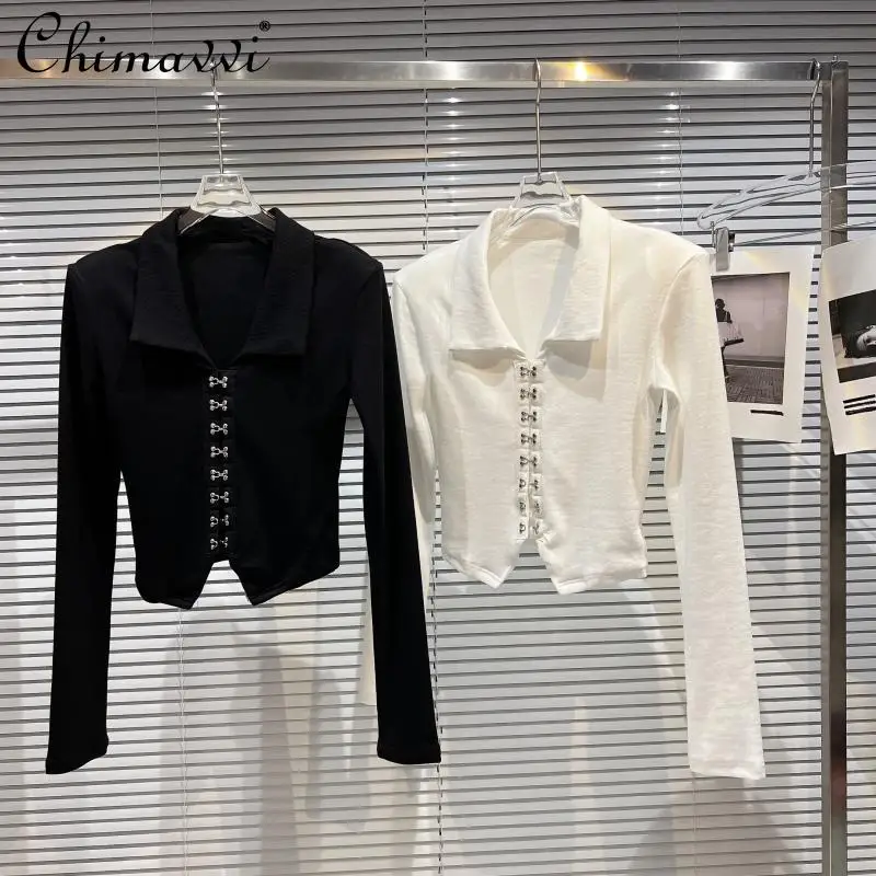 

Женская футболка-поло с длинным рукавом, приталенный элегантный топ с металлической пряжкой, весна 2022